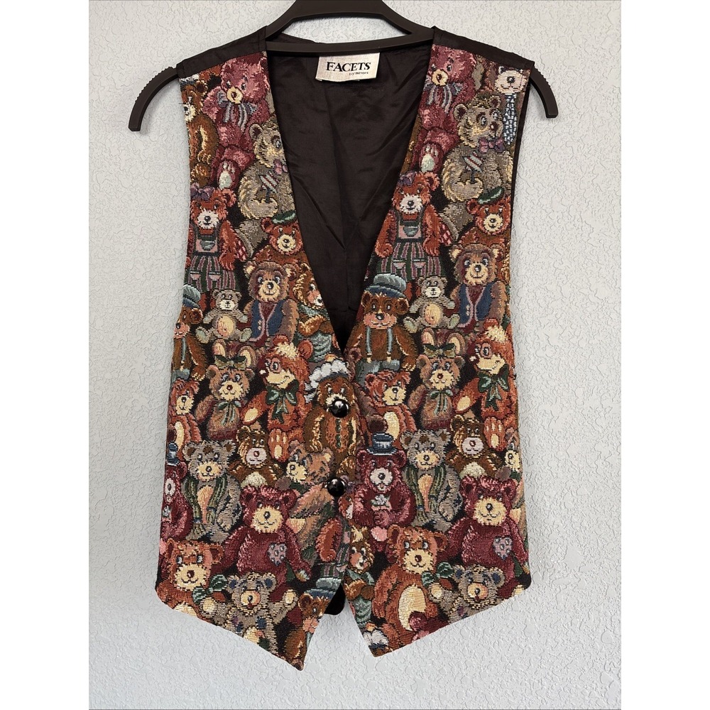 Vintage Vest Facet Tapestry Sz M Teddy Bear Cottage Core Teacher